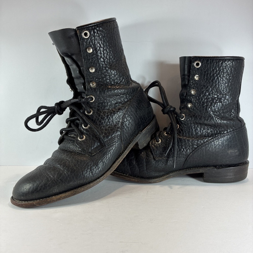 6.5 C Women's Boots Cowboy Pebbled Bull Hide Black Leather Lace Up Justin Ropers